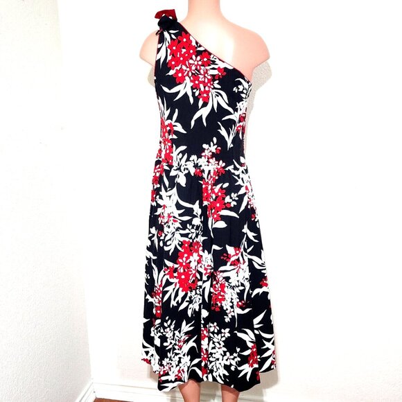 Lanz Originals Vintage One Shoulder Midi Dress 14* / Medium* Black Red Tropical - Picture 4 of 8